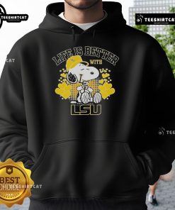 Official Snoopy Life Is Better With LSU Hoodie featuring Snoopy in LSU colors, perfect for fans and cozy wear.