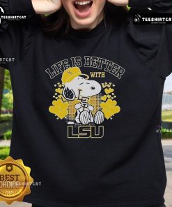 Alt Text: Official Snoopy Life Is Better With LSU sweatshirt showcasing vibrant colors and iconic character design.