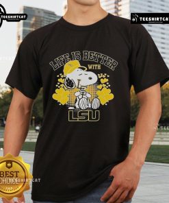 Official Snoopy Life Is Better With LSU T-Shirt featuring Snoopy and vibrant LSU colors, perfect for fans.