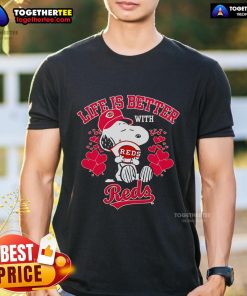 Alt Text: Official Snoopy Life Is Better With Reds T-Shirt featuring a playful Snoopy graphic and vibrant red design.