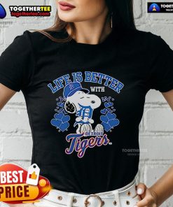 Official Snoopy Life Is Better With Tigers Ladies Tee showcasing a stylish design featuring Snoopy and tigers.