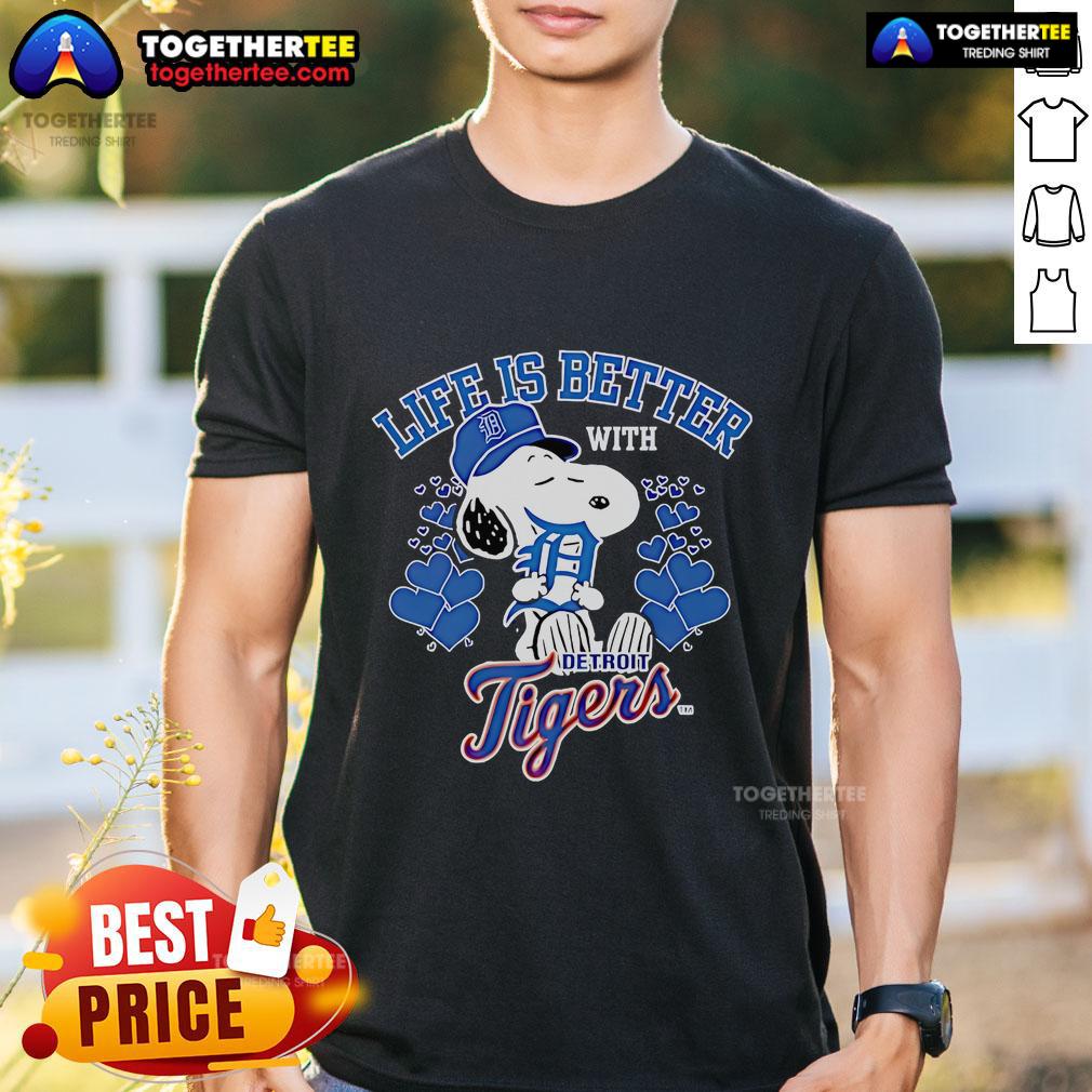 Official Snoopy Life Is Better With Tigers T Shirt Alt Text: Official Snoopy Life Is Better With Tigers T-Shirt featuring Snoopy and vibrant tiger graphics, perfect for fans.