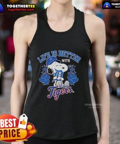 Official Snoopy Life Is Better With Tigers tank top featuring a playful Snoopy graphic and vibrant colors for summer style.