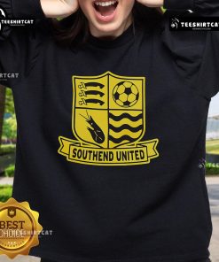 Alt Text: Official Southend United logo sweatshirt featuring a bold design and club colors, perfect for fans and casual wear.