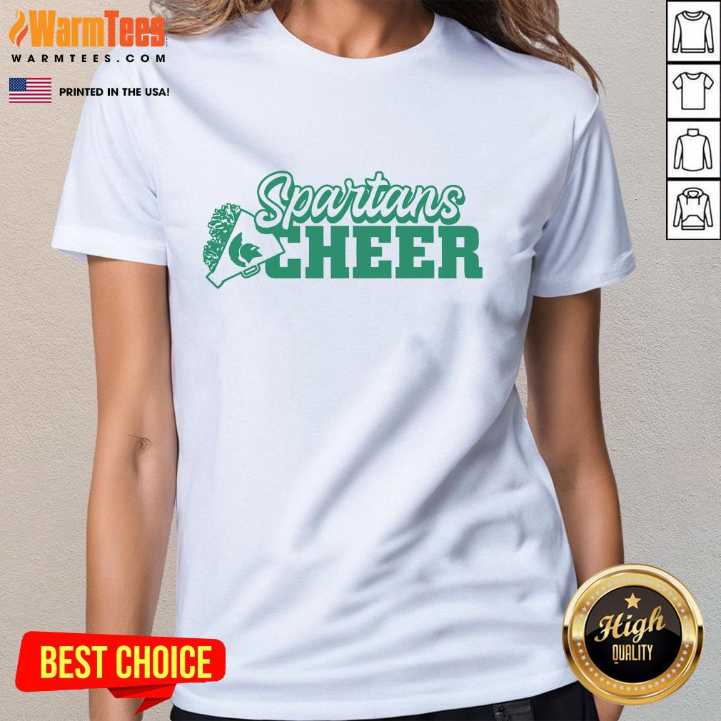 Official Spartans Cheer Block Ladies Tee Alt Text: Official Spartans Cheer Block Ladies Tee featuring vibrant graphics and a comfortable fit for game day spirit.