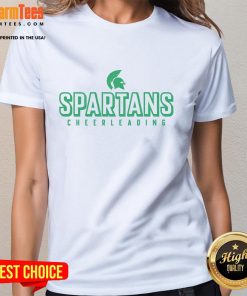 Official Spartans Cheerleading Ladies Tee featuring vibrant team colors and logo for spirited fans and cheerleaders.