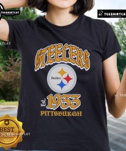 Official Steelers Pittsburgh 1933 Logo Ladies Tee featuring vintage design, perfect for female fans of the Steelers.