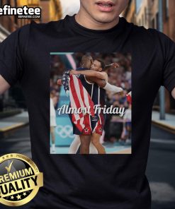 Official Steph Curry and LeBron James USA Olympics Almost Friday T-Shirt featuring vibrant graphics and sporty design.