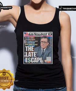 Stephen Colbert wearing a tank top featuring 'The Late Show' logo in a New York Post article on 'The Late Escape'.