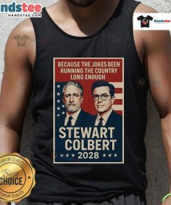 Official Stewart Colbert 2028 tank top featuring bold graphics and a stylish design for campaign supporters.