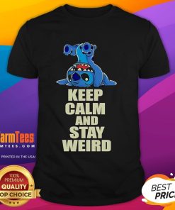 Alt Text: Official Stitch Keep Calm And Stay Weird T-Shirt featuring a quirky design with vibrant colors and playful text.