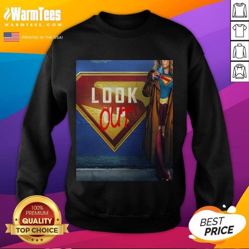 Official Supergirl Look Out June 26, 2026 movie sweatshirt featuring vibrant graphics and a stylish design by James Gunn.