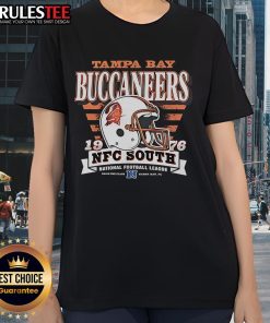Alt Text: Official Tampa Bay Buccaneers NFC South 1976 helmet ladies tee featuring team logo and vintage design.