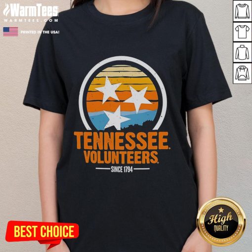 Alt Text: Vintage ladies tee featuring the official Tennessee Volunteers logo, established since 1794, perfect for fans.