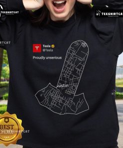 Alt Text: Official Tesla Proudly Unserious Map Meme Sweatshirt featuring a humorous map design, perfect for Tesla fans.