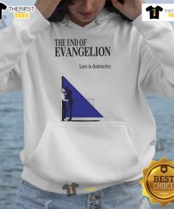 Alt Text: Official The End Of Evangelion Love Is Destructive Hoodie featuring iconic anime graphics and vibrant colors.
