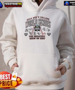 Official The Greatest Show On Dirt 2025 NCAA Men's College World Series logo hoodie featuring vibrant graphics.