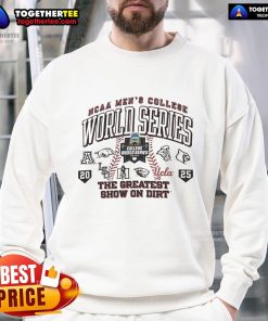 Official The Greatest Show On Dirt 2025 NCAA Men's College World Series logo sweatshirt featuring vibrant colors and design.