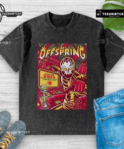 Official The Offspring concert poster for Ruoff Music Center, Noblesville, IN, July 26, 2025, on a washed t-shirt.