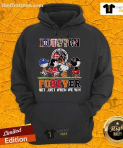 Alt Text: Official Peanuts Houston Sports Teams hoodie featuring 'Crossing Forever, Not Just When We Win' slogan.