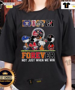 Official Peanuts Houston Sports Teams tee for ladies featuring 'Crossing Forever Not Just When We Win' design.