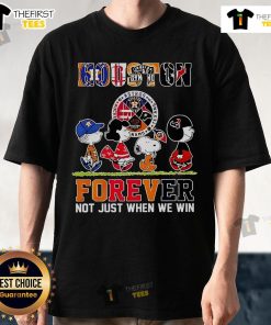 Alt Text: Official The Peanuts Houston Sports Teams T-Shirt featuring 'Crossing Forever Not Just When We Win' design.