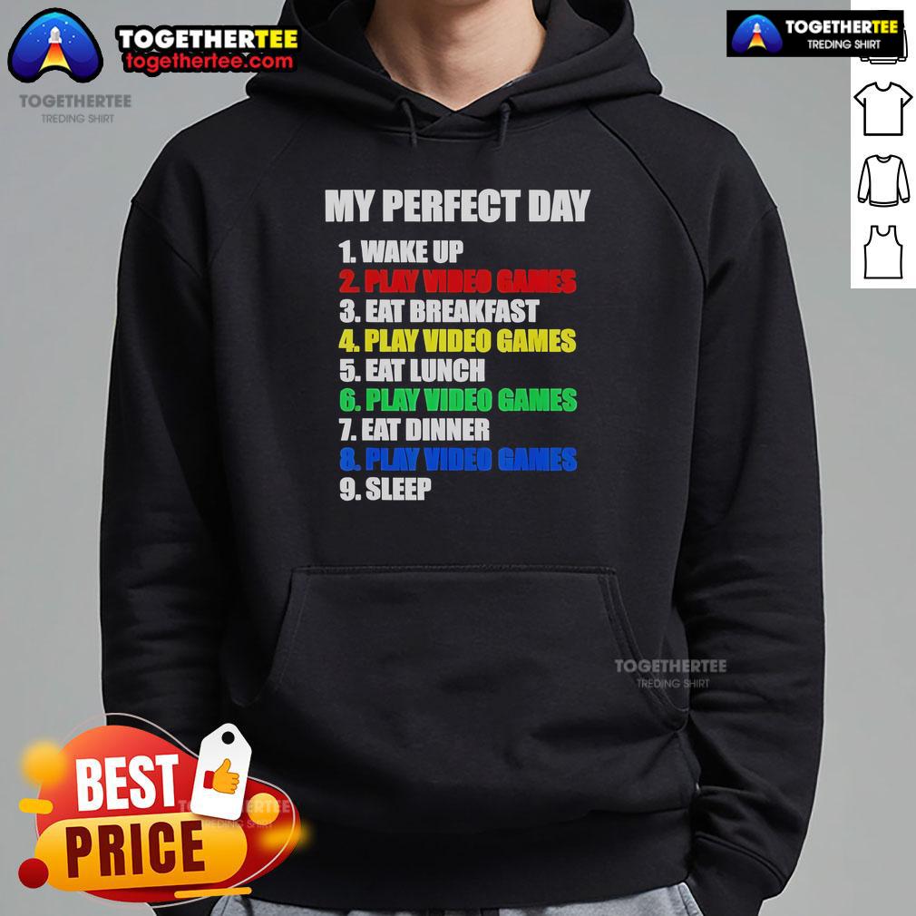 Official The Perfect Gaming Day Gamers Hoodie Official The Perfect Gaming Day Gamers Hoodie in black with stylish graphics, perfect for gaming enthusiasts.