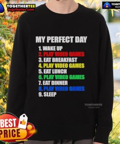 Alt Text: Official The Perfect Gaming Day Gamers Sweatshirt in black with gamer graphics, perfect for cozy gaming sessions.