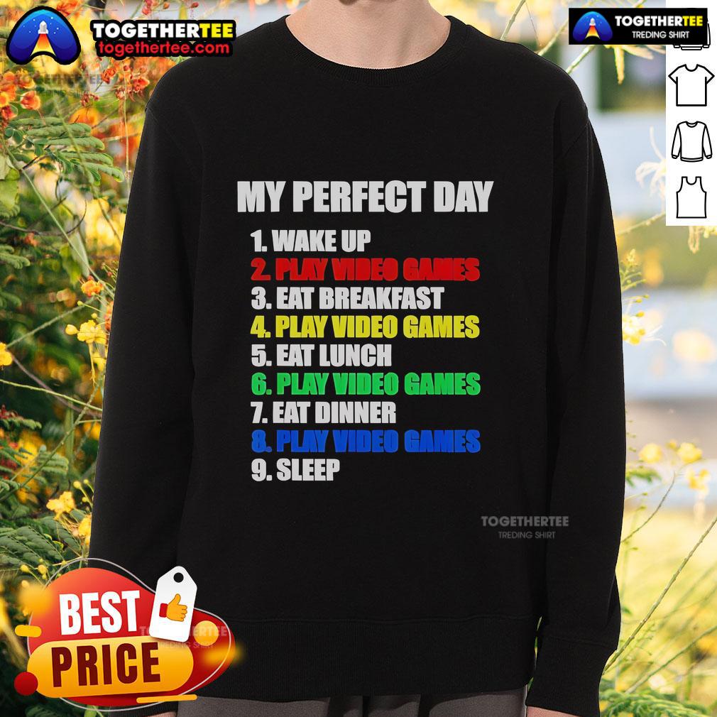 Official The Perfect Gaming Day Gamers Sweatshirt Alt Text: Official The Perfect Gaming Day Gamers Sweatshirt in black with gamer graphics, perfect for cozy gaming sessions.