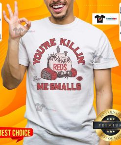 Alt Text: Official The Sandlot X Cincinnati Reds You're Killin' Me Smalls T-Shirt featuring iconic baseball graphics and quotes.