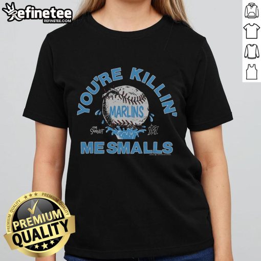 Official The Sandlot X Miami Marlins You're Killin' Me Smalls ladies tee featuring classic movie graphics and team colors.