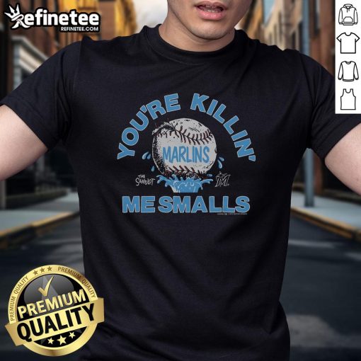 Official The Sandlot X Miami Marlins 'You're Killin' Me Smalls' T-Shirt featuring iconic quotes and vibrant team colors.