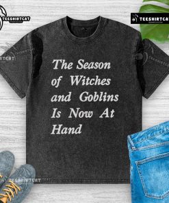 Official Season of Witches and Goblins hand-washed t-shirt featuring spooky designs for Halloween enthusiasts.