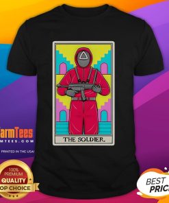 Official The Soldier Squid Game Tarot Card T-Shirt featuring striking design and vibrant colors for fans of the series.