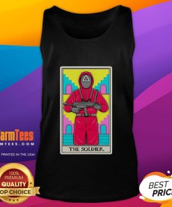 Official Soldier Squid Game tarot card tank top featuring vibrant graphic design and unique style for fans.