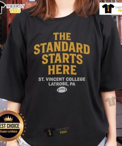 Official The Standard Starts Here St. Vincent College Latrobe PA ladies tee in vibrant design and comfortable fit.