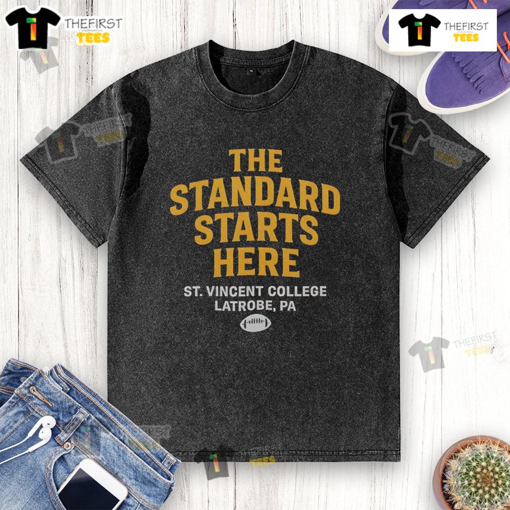 Official The Standard Starts Here St Vincent College Latrobe Pa Washed T Shirt Alt Text: Official The Standard Starts Here St. Vincent College Latrobe PA washed t-shirt in vibrant colors.
