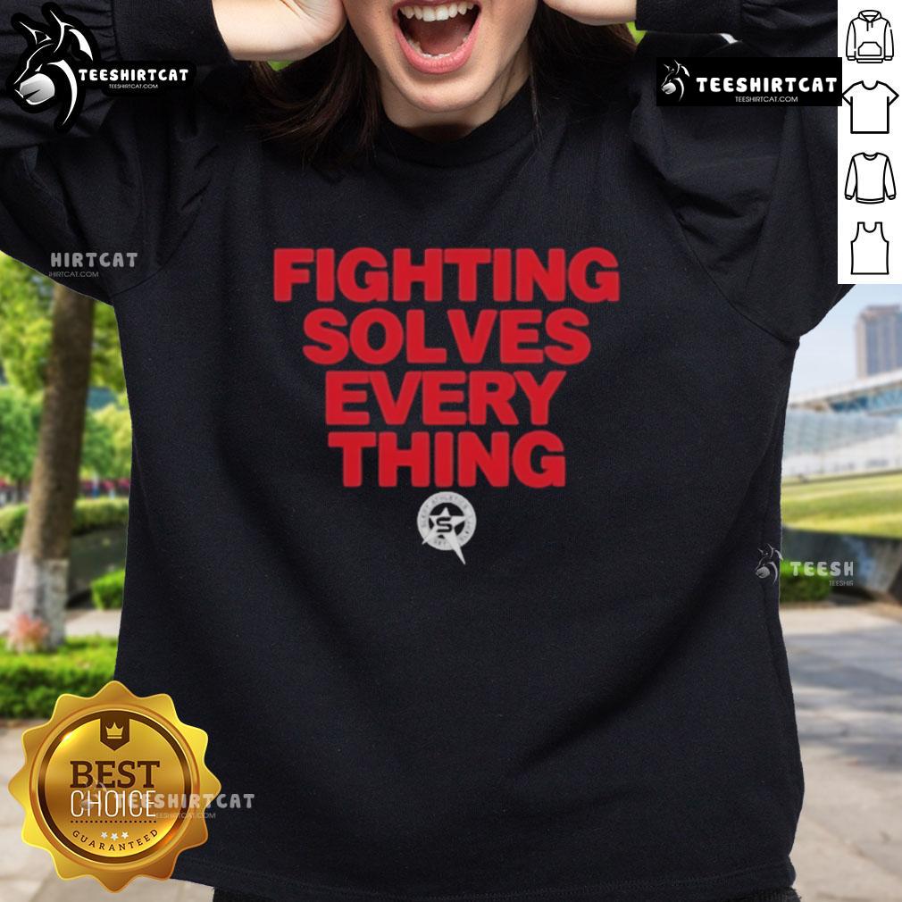 Official Tim Sylvia Fighting Solves Everything Sweatshirt Official Tim Sylvia Fighting Solves Everything sweatshirt featuring a bold design, perfect for MMA fans and enthusiasts.