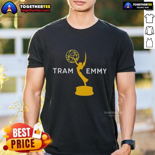 Official Tramell Tillman wearing Tram Emmy T-Shirt, showcasing stylish design and promotional branding.