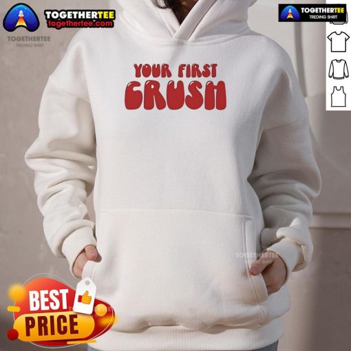 Official Trish Stratus hoodie featuring 'Your First Crush' design, perfect for wrestling fans and stylish casual wear.