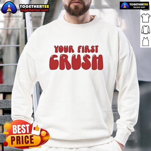 Official Trish Stratus sweatshirt featuring 'Your First Crush' design, perfect for fans of WWE and casual wear.