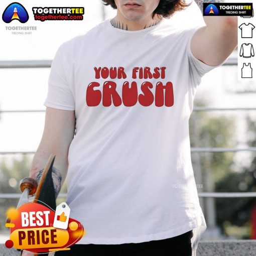 Official Trish Stratus 'With Your First Crush' T-Shirt featuring a stylish design for wrestling fans and collectors.