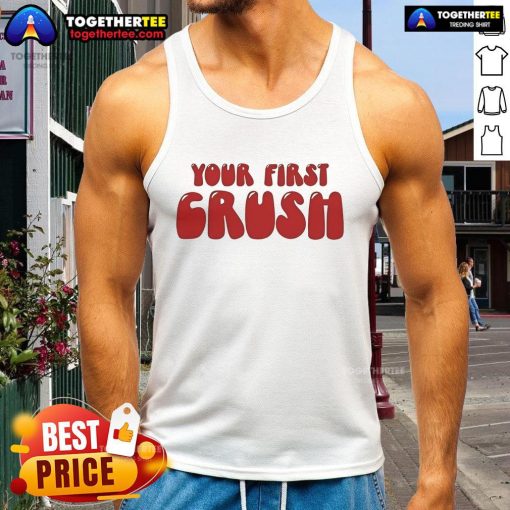 Official Trish Stratus 'With Your First Crush' tank top featuring a stylish design for wrestling fans and fashion lovers.