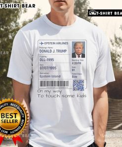 Official Trump Epstein Airlines T-Shirt featuring controversial 'On My Way To Touch Some Kids' slogan, bold graphic design.