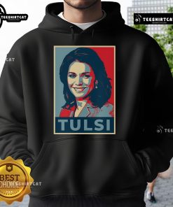 Official Tulsi Gabbard portrait on a stylish hope hoodie, promoting her inspirational message and political campaign.