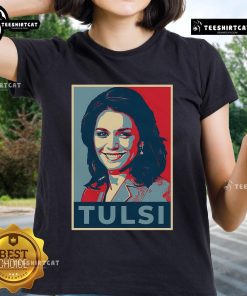 Official Tulsi Gabbard portrait on a stylish ladies tee, showcasing her inspiring image and political message.