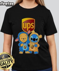 Alt Text: Official UPS Pooh and Stitch Friends Ladies Tee featuring playful designs of Pooh and Stitch in vibrant colors.