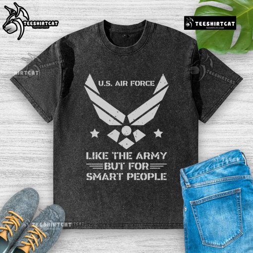 Official US Air Force 'Like The Army But For Smart People' washed t-shirt in olive green, showcasing a unique design.