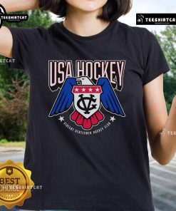 Official USA Hockey logo on a stylish ladies tee, perfect for fans of women's hockey and sports apparel.