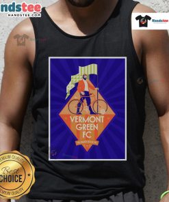 Official Vermont Green FC vs Black Rock FC July 5, 2025 poster on a tank top, showcasing Virtue Field event details.